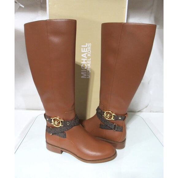 Michael Kors Rory Knee High Riding Boots MK Logo Embossed Strap Luggage Size 7 - Picture 1 of 12